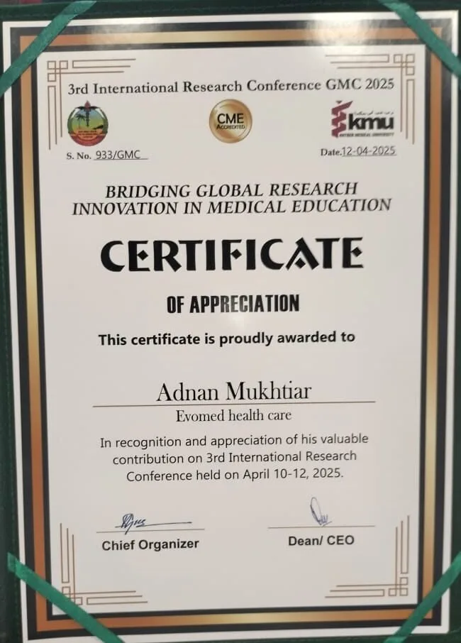 Certificate of appreciation from Gomal Medical College awarded to Evomed Healthcare